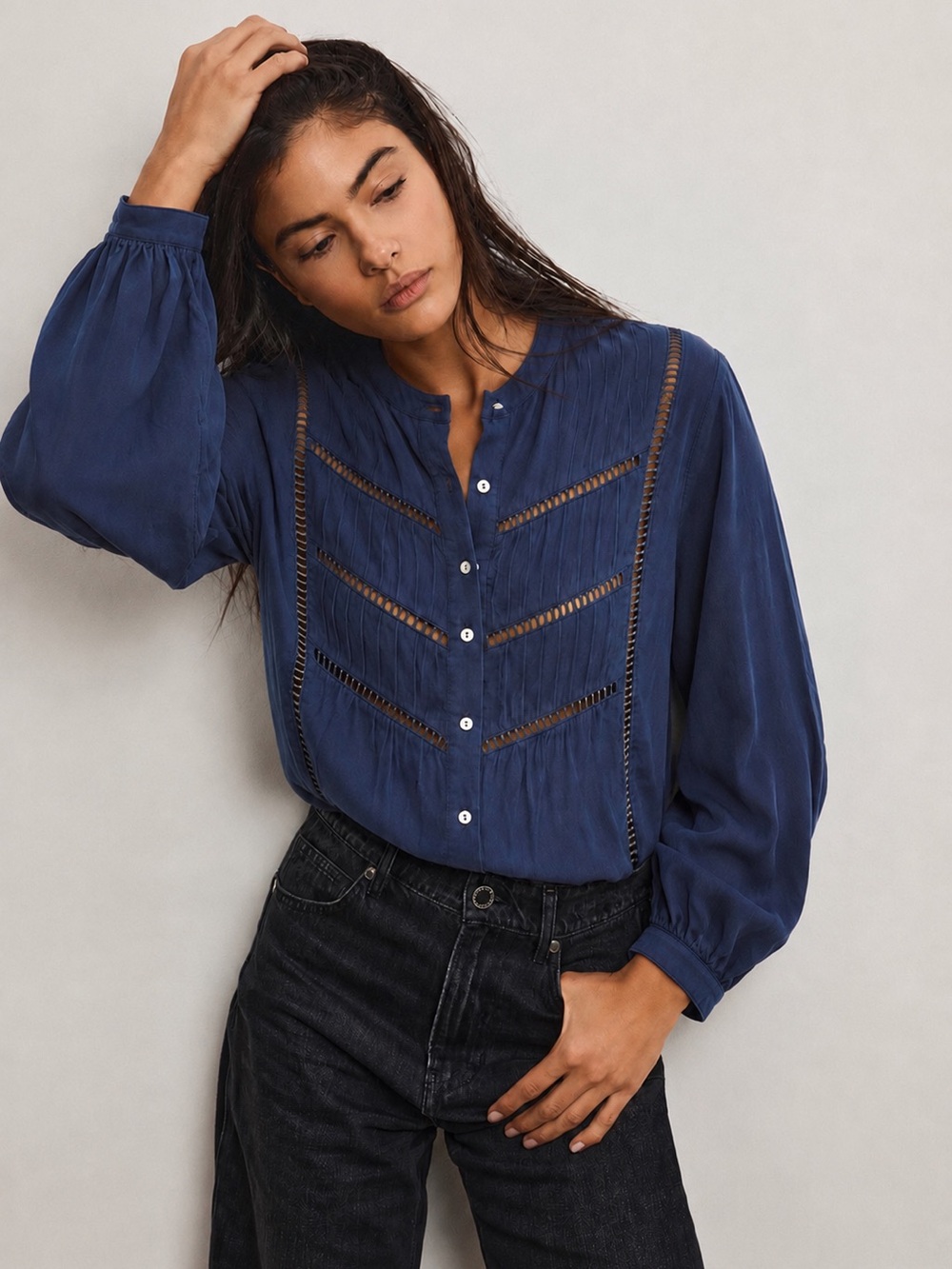 NWT Maye Paloma Cotton Button-Up Pintuck Shirt in French Navy | Size XS (US 2-4)